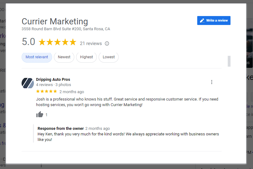 Currier Marketing review response